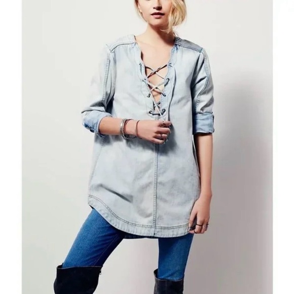 Free People Tops - Free People Light Wash Lace-Up Denim Tunic - Light Blue